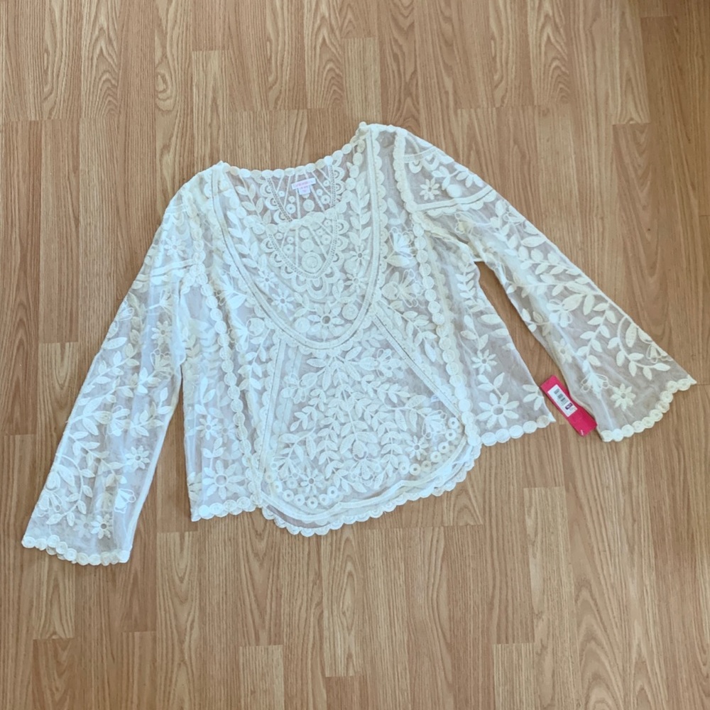 Ivory Crochet and Mesh Long Sleeve Top, Size L/XL